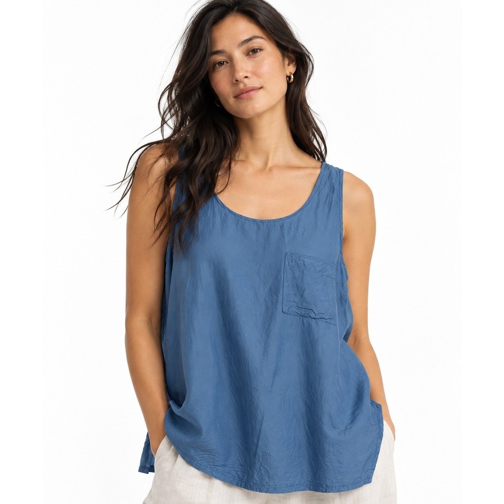 Vintage Forenza Blue 100% Silk Tank Top Pocket Scoop Neck Sleeveless Blouse L